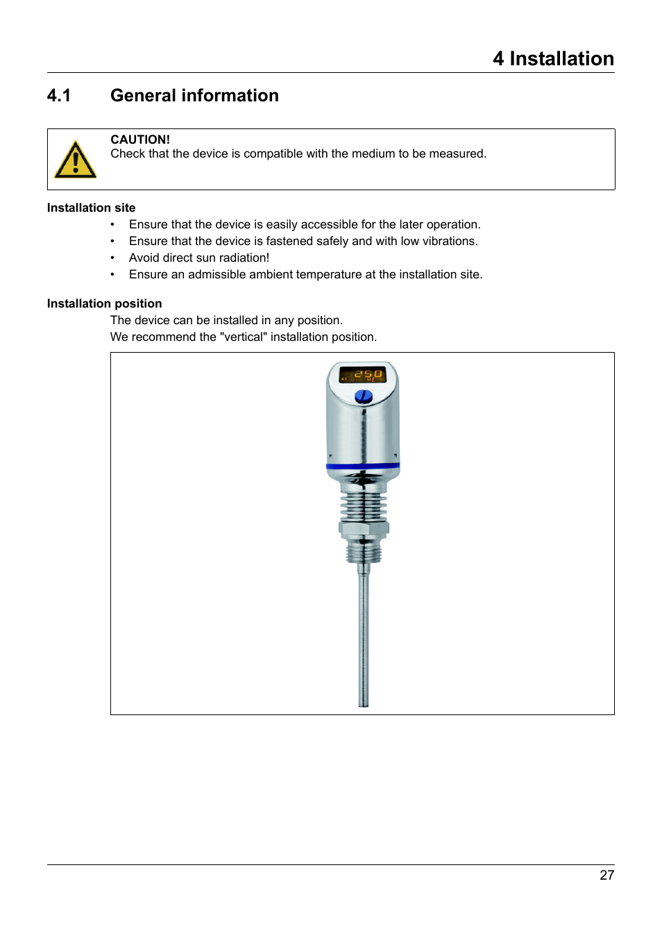 4 installation, 1 general information, Installation | General information | JUMO 902940 DELOS T Electronic Temperature Switch with Display and Analog Output Operating Manual User Manual | Page 27 / 76