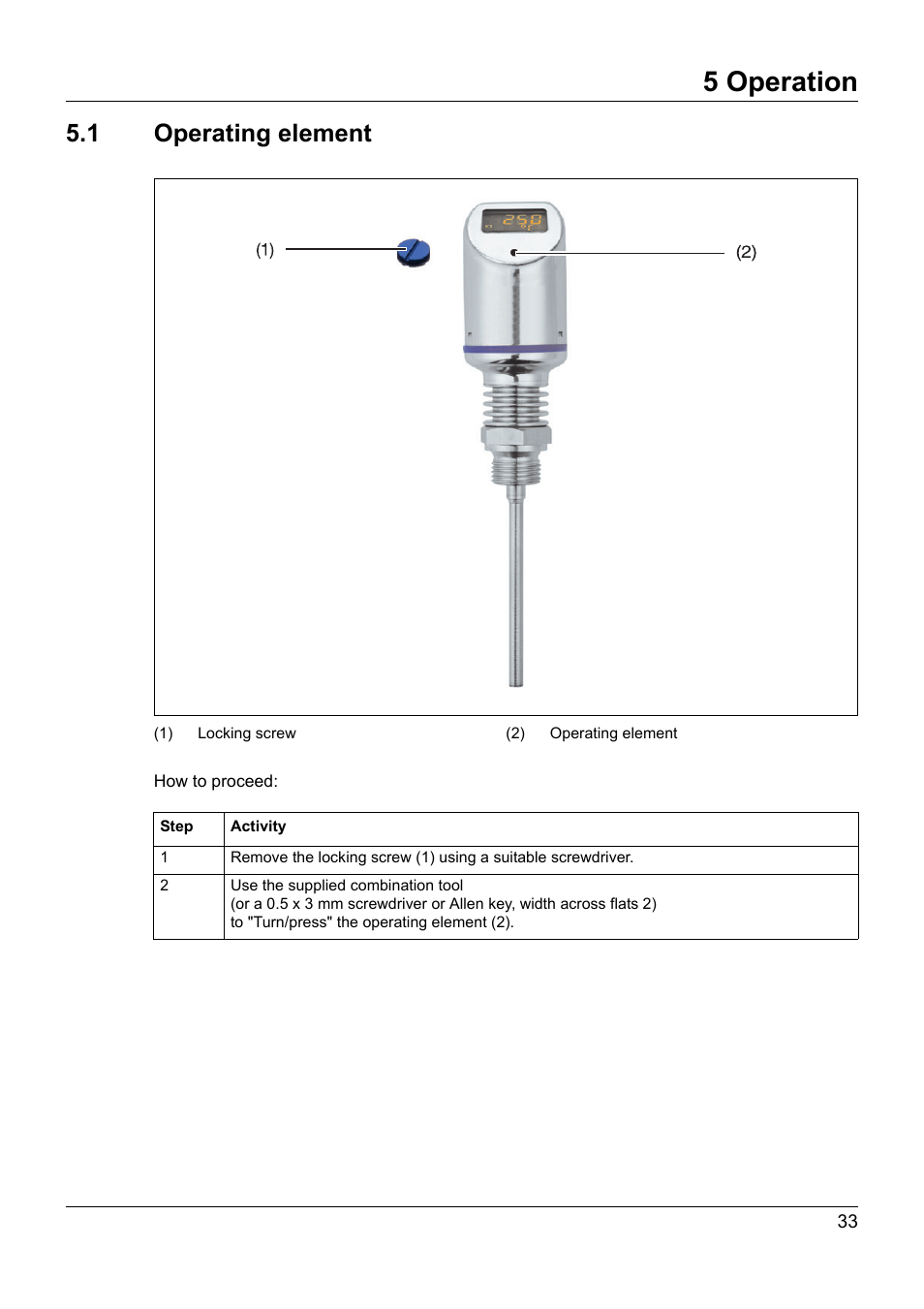 5 operation, 1 operating element, Operation | Operating element | JUMO 902940 DELOS T Electronic Temperature Switch with Display and Analog Output Operating Manual User Manual | Page 33 / 76