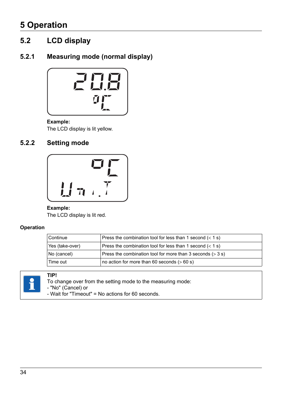 2 lcd display, 1 measuring mode (normal display), 2 setting mode | Lcd display, 5 operation | JUMO 902940 DELOS T Electronic Temperature Switch with Display and Analog Output Operating Manual User Manual | Page 34 / 76