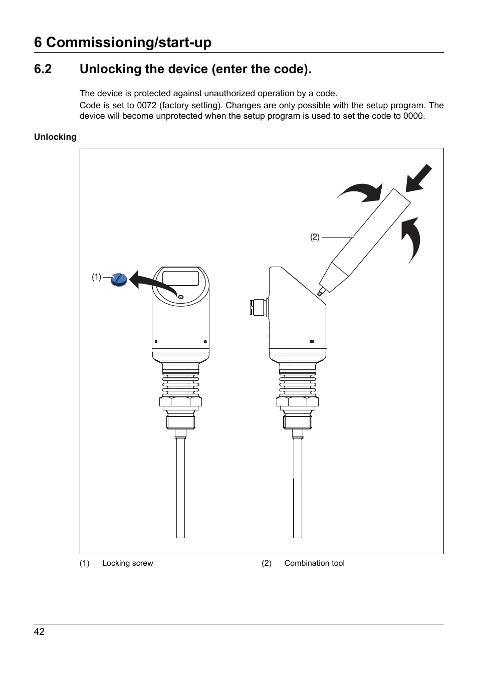 2 unlocking the device (enter the code), Unlocking the device (enter the code), 6 commissioning/start-up | JUMO 902940 DELOS T Electronic Temperature Switch with Display and Analog Output Operating Manual User Manual | Page 42 / 76
