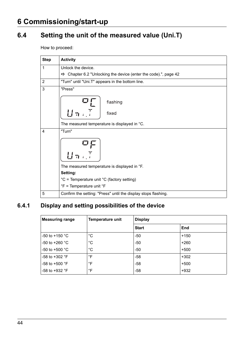 4 setting the unit of the measured value (uni.t), 1 display and setting possibilities of the device, Setting the unit of the measured value (uni.t) | 6 commissioning/start-up | JUMO 902940 DELOS T Electronic Temperature Switch with Display and Analog Output Operating Manual User Manual | Page 44 / 76