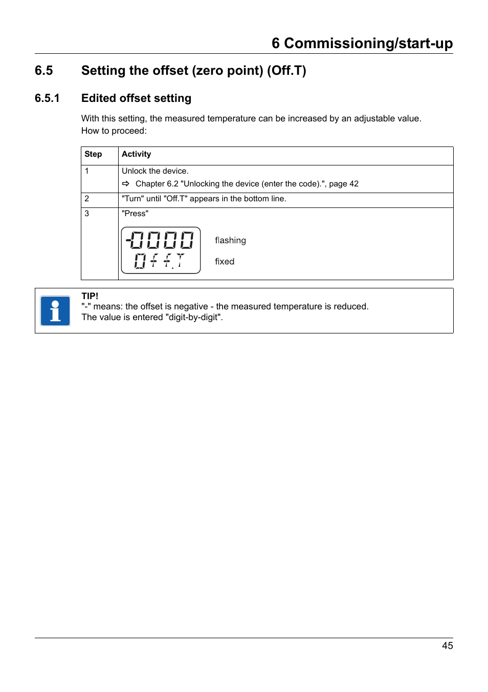 5 setting the offset (zero point) (off.t), 1 edited offset setting, Setting the offset (zero point) (off.t) | 6 commissioning/start-up | JUMO 902940 DELOS T Electronic Temperature Switch with Display and Analog Output Operating Manual User Manual | Page 45 / 76