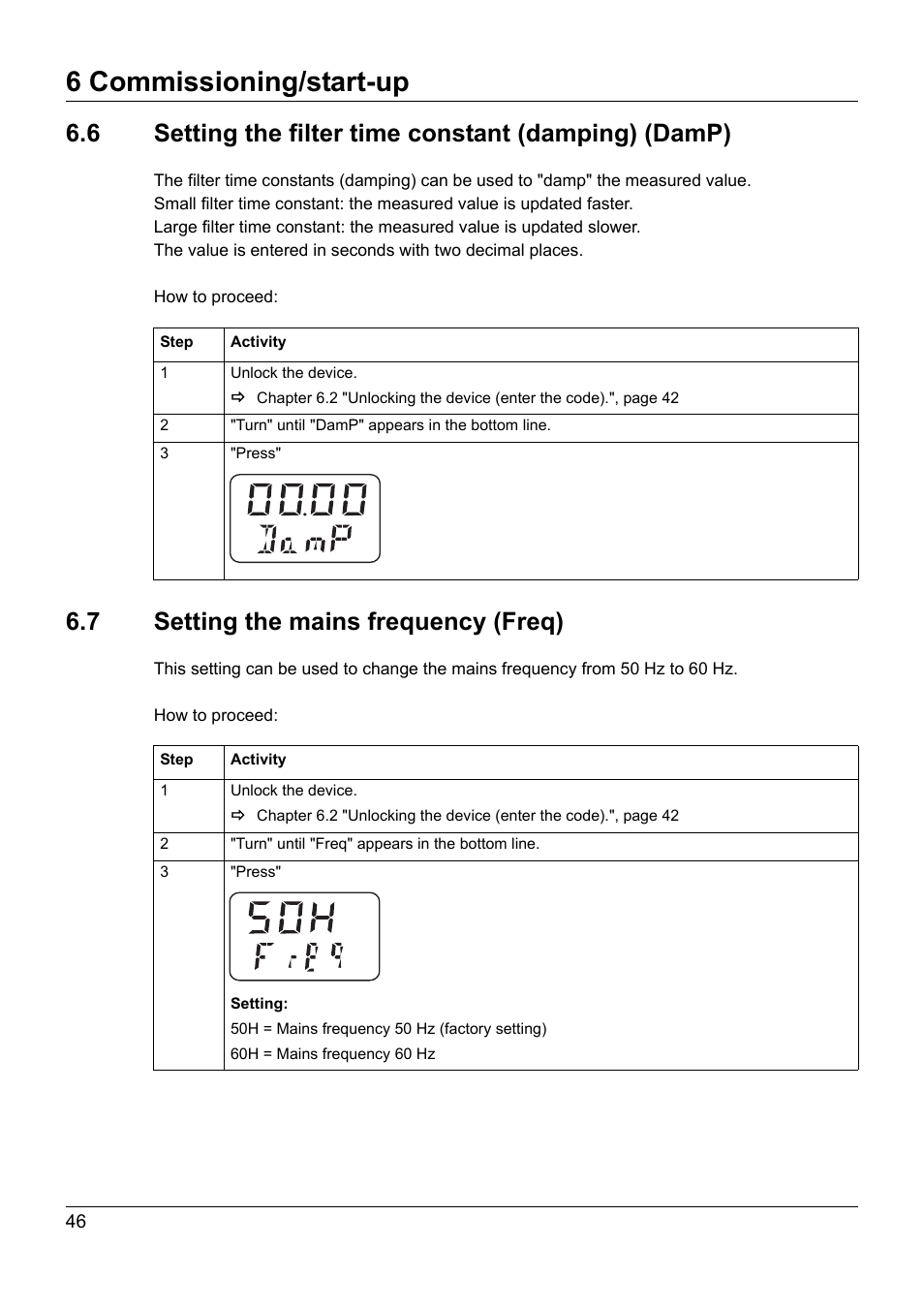 7 setting the mains frequency (freq), Setting the filter time constant (damping) (damp), Setting the mains frequency (freq) | 6 commissioning/start-up | JUMO 902940 DELOS T Electronic Temperature Switch with Display and Analog Output Operating Manual User Manual | Page 46 / 76