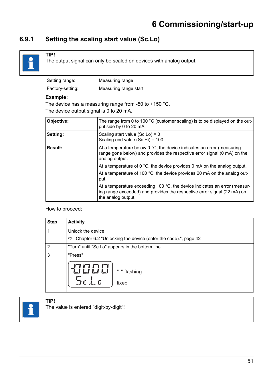 1 setting the scaling start value (sc.lo), 6 commissioning/start-up | JUMO 902940 DELOS T Electronic Temperature Switch with Display and Analog Output Operating Manual User Manual | Page 51 / 76