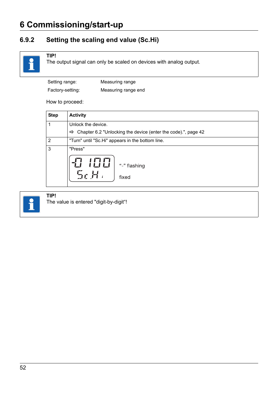 2 setting the scaling end value (sc.hi), 6 commissioning/start-up | JUMO 902940 DELOS T Electronic Temperature Switch with Display and Analog Output Operating Manual User Manual | Page 52 / 76