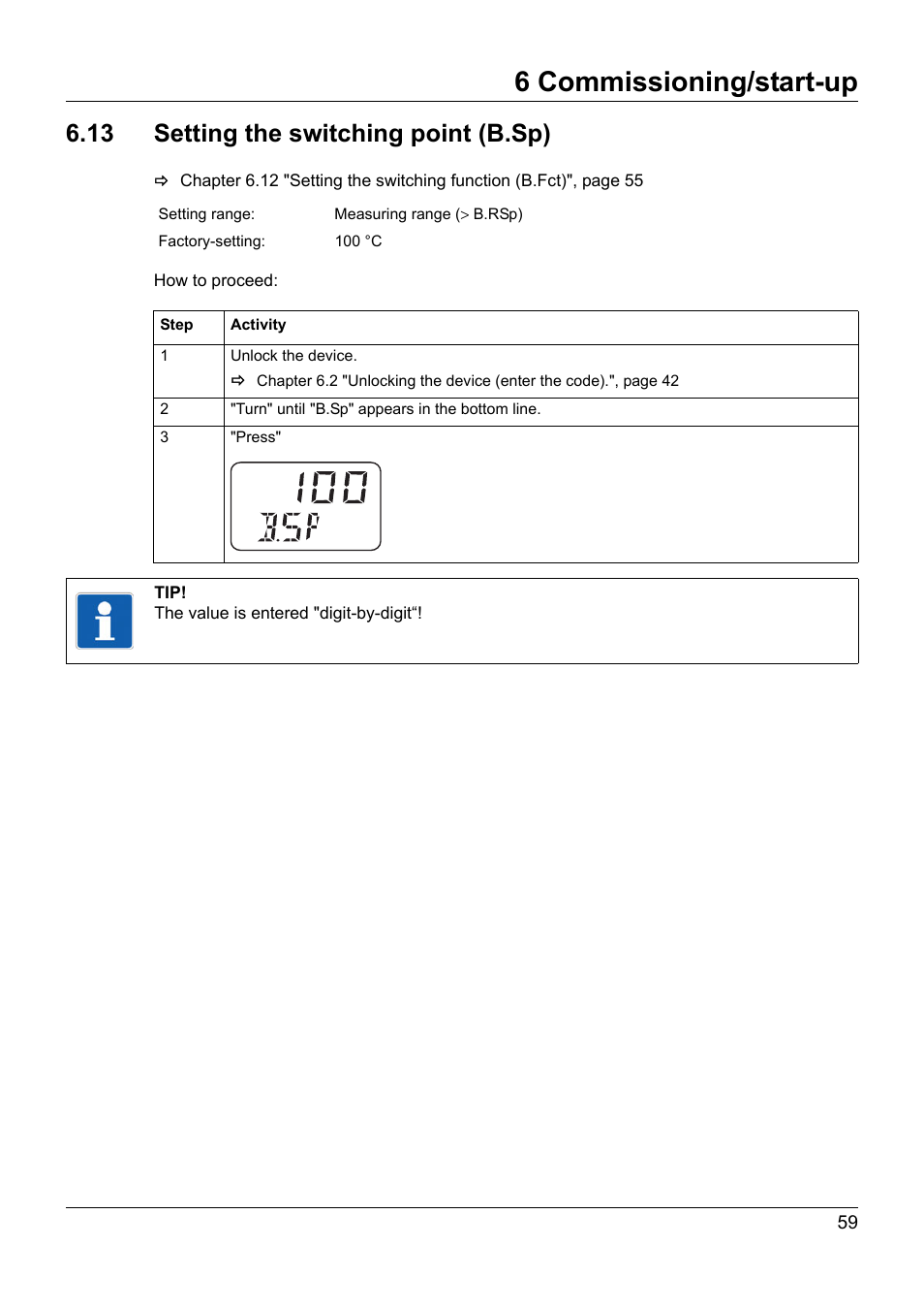 13 setting the switching point (b.sp), Setting the switching point (b.sp), 6 commissioning/start-up | JUMO 902940 DELOS T Electronic Temperature Switch with Display and Analog Output Operating Manual User Manual | Page 59 / 76