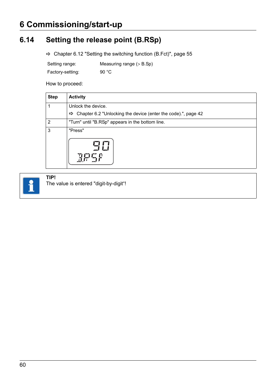 14 setting the release point (b.rsp), Setting the release point (b.rsp), 6 commissioning/start-up | JUMO 902940 DELOS T Electronic Temperature Switch with Display and Analog Output Operating Manual User Manual | Page 60 / 76