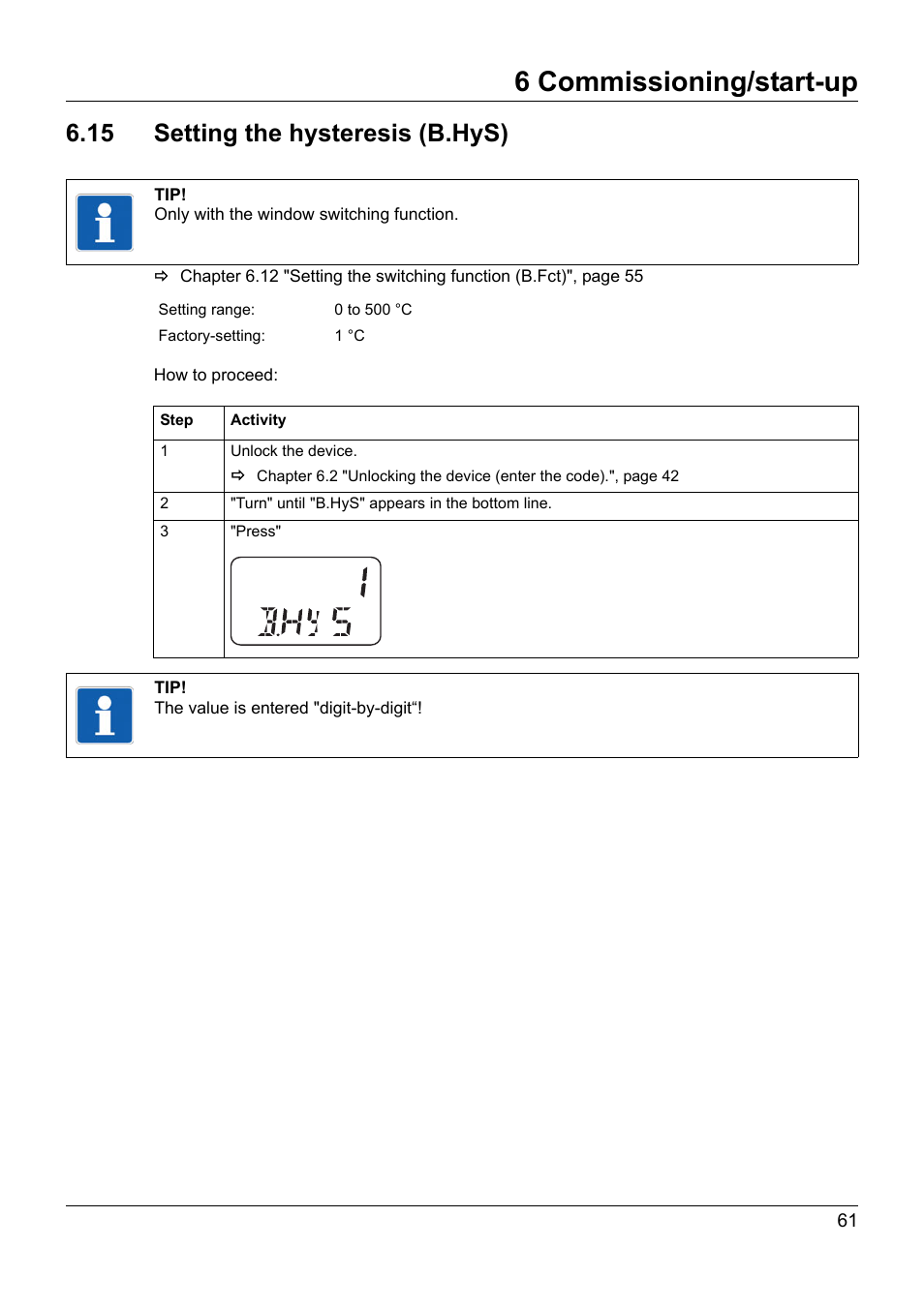 15 setting the hysteresis (b.hys), Setting the hysteresis (b.hys), 6 commissioning/start-up | JUMO 902940 DELOS T Electronic Temperature Switch with Display and Analog Output Operating Manual User Manual | Page 61 / 76