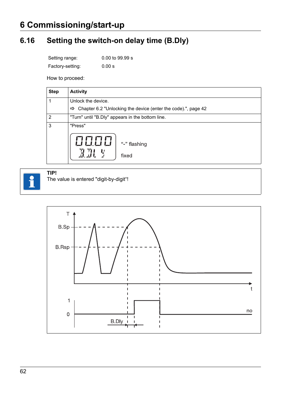 16 setting the switch-on delay time (b.dly), Setting the switch-on delay time (b.dly), 6 commissioning/start-up | JUMO 902940 DELOS T Electronic Temperature Switch with Display and Analog Output Operating Manual User Manual | Page 62 / 76