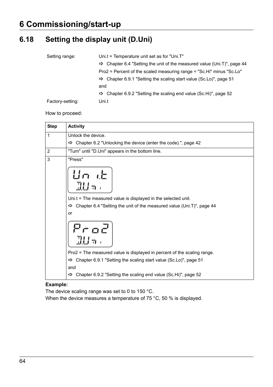 18 setting the display unit (d.uni), Setting the display unit (d.uni), 6 commissioning/start-up | JUMO 902940 DELOS T Electronic Temperature Switch with Display and Analog Output Operating Manual User Manual | Page 64 / 76