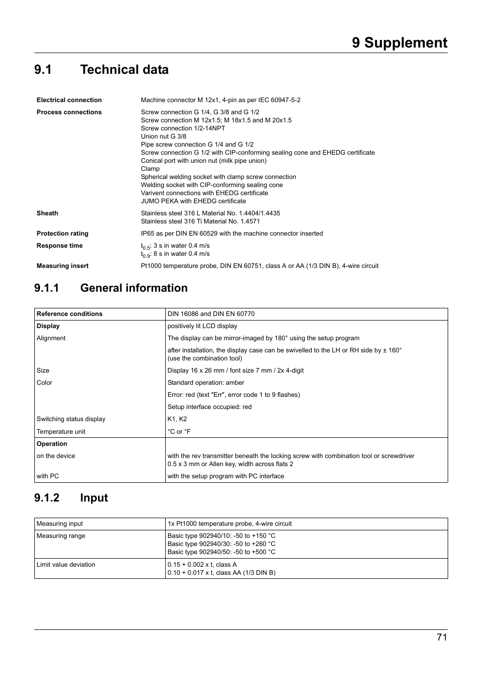 9 supplement, 1 technical data, 1 general information | 2 input, Supplement, Technical data, 1 general information 9.1.2 input | JUMO 902940 DELOS T Electronic Temperature Switch with Display and Analog Output Operating Manual User Manual | Page 71 / 76