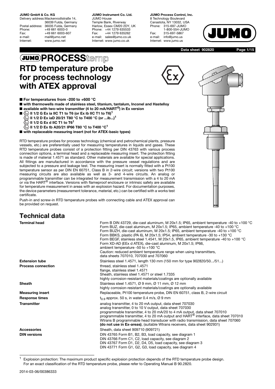 JUMO 902820 PROCESStemp RTD Temperature Probe for Process Technology (Also with ATEX Approval) Data Sheet User Manual | 15 pages