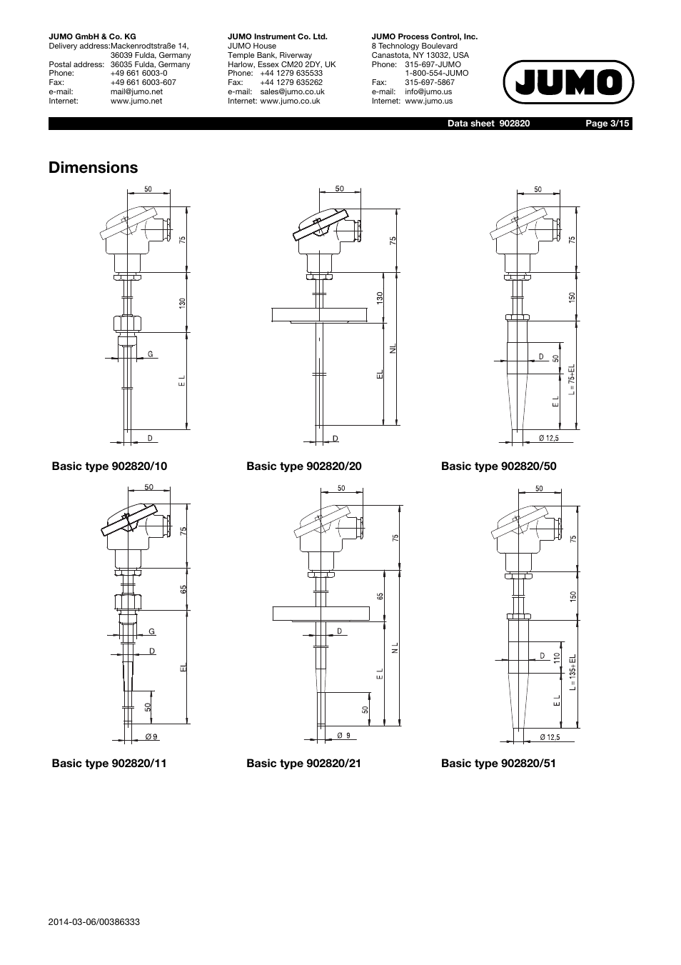 Dimensions | JUMO 902820 PROCESStemp RTD Temperature Probe for Process Technology (Also with ATEX Approval) Data Sheet User Manual | Page 3 / 15