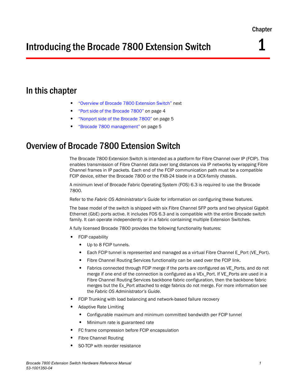 Introducing the brocade 7800 extension switch, In this chapter, Overview of brocade 7800 extension switch | Chapter 1, Ntroducing the brocade 7800 extension switch | Brocade Communications Systems Extension Switch 7800 User Manual | Page 13 / 56