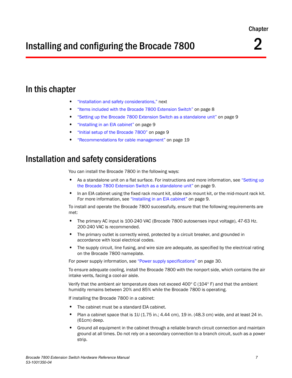 Installing and configuring the brocade 7800, In this chapter, Installation and safety considerations | Chapter 2, Chapter | Brocade Communications Systems Extension Switch 7800 User Manual | Page 19 / 56