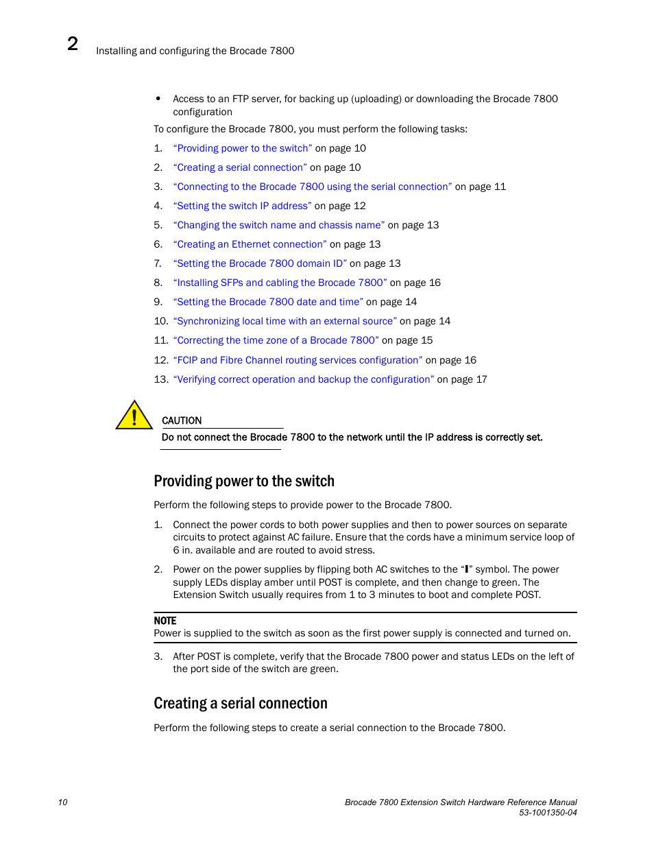 Providing power to the switch, Creating a serial connection | Brocade Communications Systems Extension Switch 7800 User Manual | Page 22 / 56