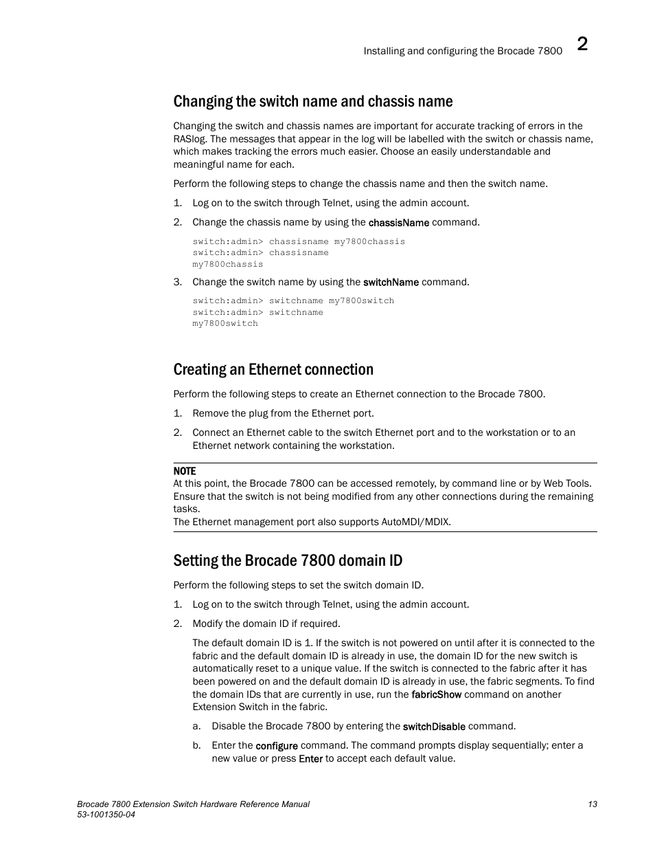 Changing the switch name and chassis name, Creating an ethernet connection, Setting the brocade 7800 domain id | Brocade Communications Systems Extension Switch 7800 User Manual | Page 25 / 56