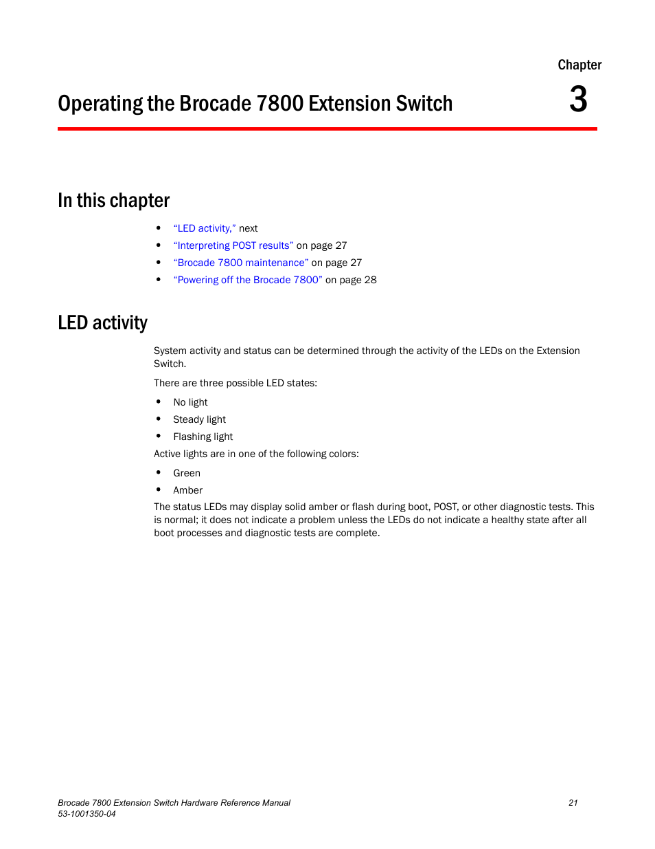 Operating the brocade 7800 extension switch, In this chapter, Led activity | Chapter 3 | Brocade Communications Systems Extension Switch 7800 User Manual | Page 33 / 56