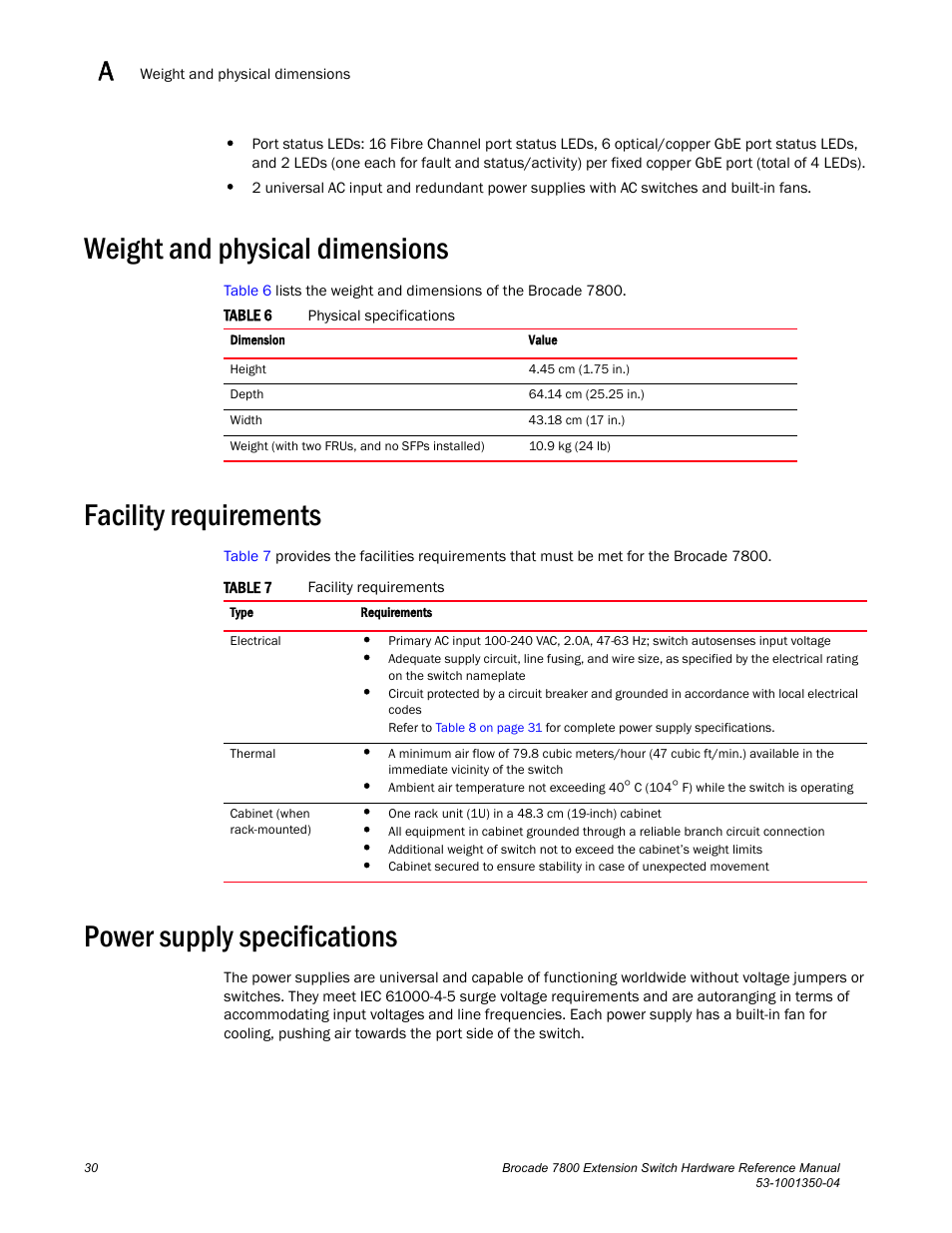 Weight and physical dimensions, Facility requirements, Power supply specifications | Rmation, see | Brocade Communications Systems Extension Switch 7800 User Manual | Page 42 / 56