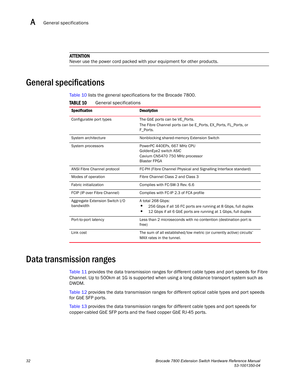 General specifications, Data transmission ranges | Brocade Communications Systems Extension Switch 7800 User Manual | Page 44 / 56