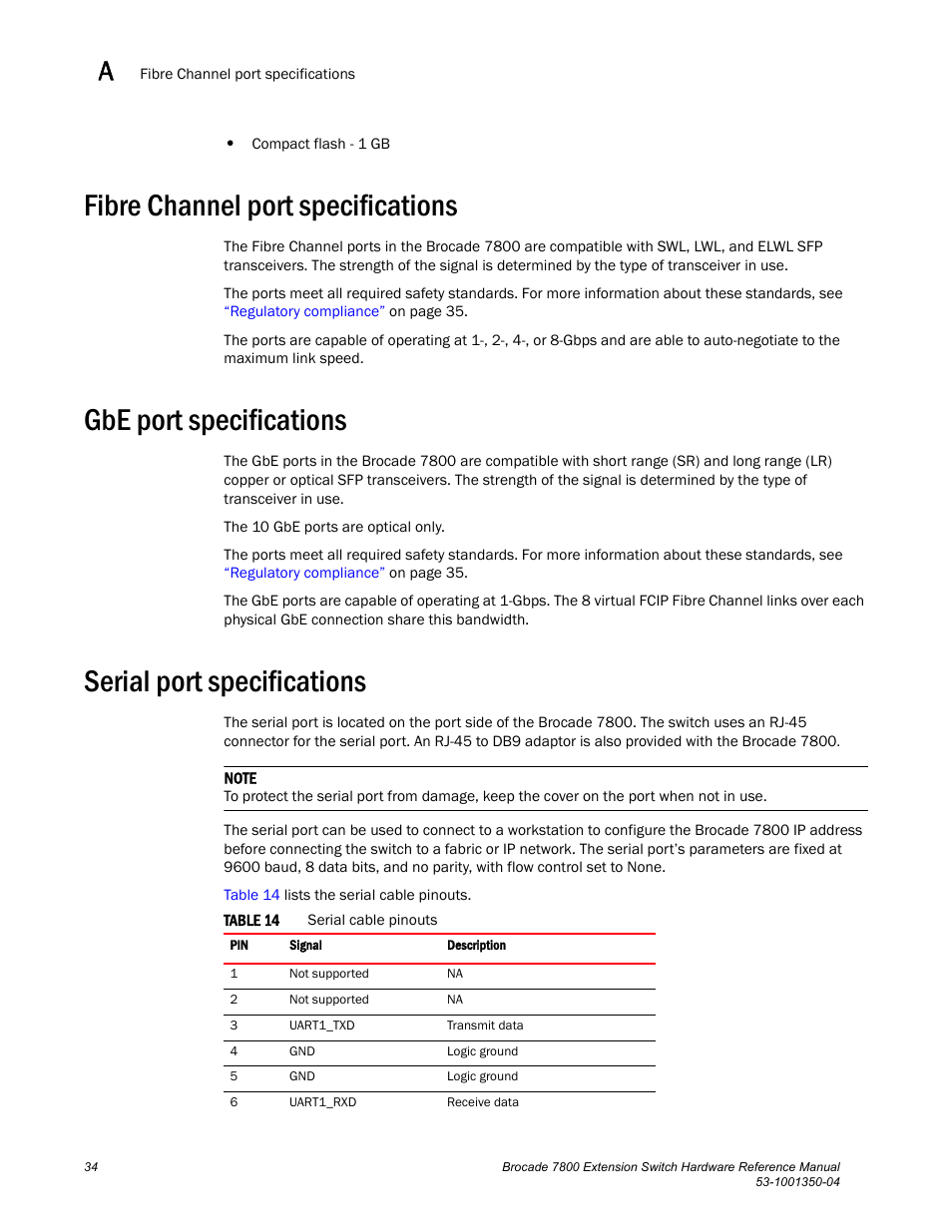 Fibre channel port specifications, Gbe port specifications, Serial port specifications | Brocade Communications Systems Extension Switch 7800 User Manual | Page 46 / 56