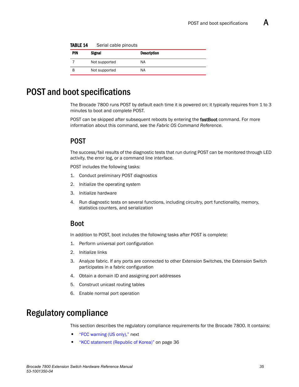 Post and boot specifications, Post, Boot | Regulatory compliance, Post and boot, Specifications | Brocade Communications Systems Extension Switch 7800 User Manual | Page 47 / 56