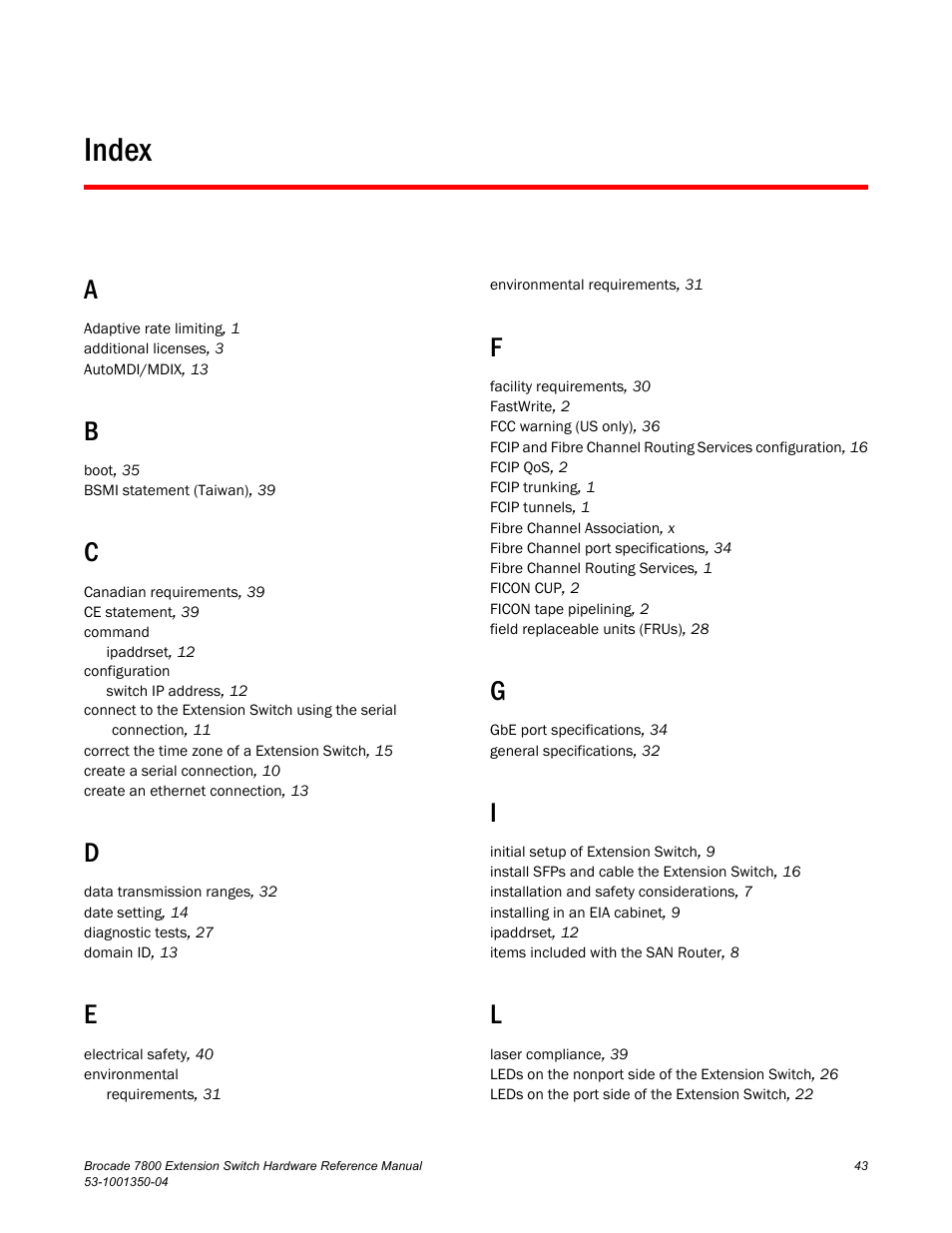 Index | Brocade Communications Systems Extension Switch 7800 User Manual | Page 55 / 56