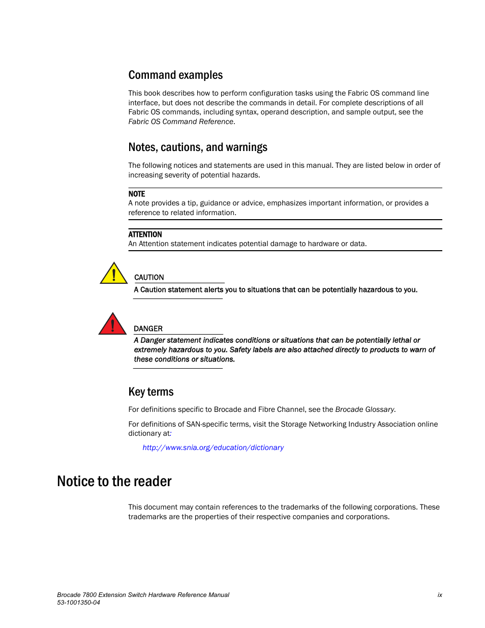 Command examples, Notes, cautions, and warnings, Key terms | Notice to the reader | Brocade Communications Systems Extension Switch 7800 User Manual | Page 9 / 56