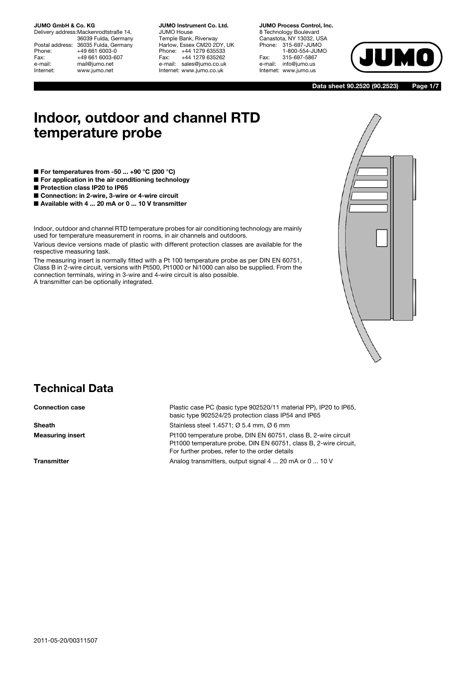 JUMO 902520 Indoor and Outdoor RTD Temperature Probe Data Sheet User Manual | 7 pages