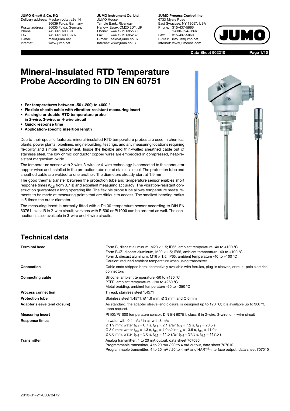 JUMO 902210 Mineral-Insulated RTD Temperature Probes with Bare Connection Wires According to DIN EN 60751 Data Sheet User Manual | 10 pages