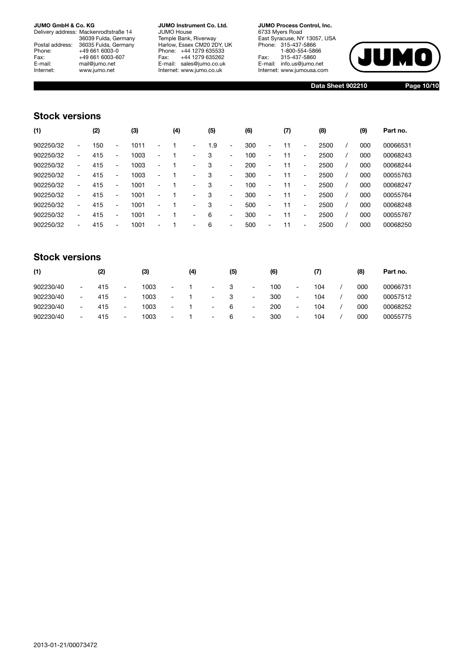 Stock versions | JUMO 902210 Mineral-Insulated RTD Temperature Probes with Bare Connection Wires According to DIN EN 60751 Data Sheet User Manual | Page 10 / 10