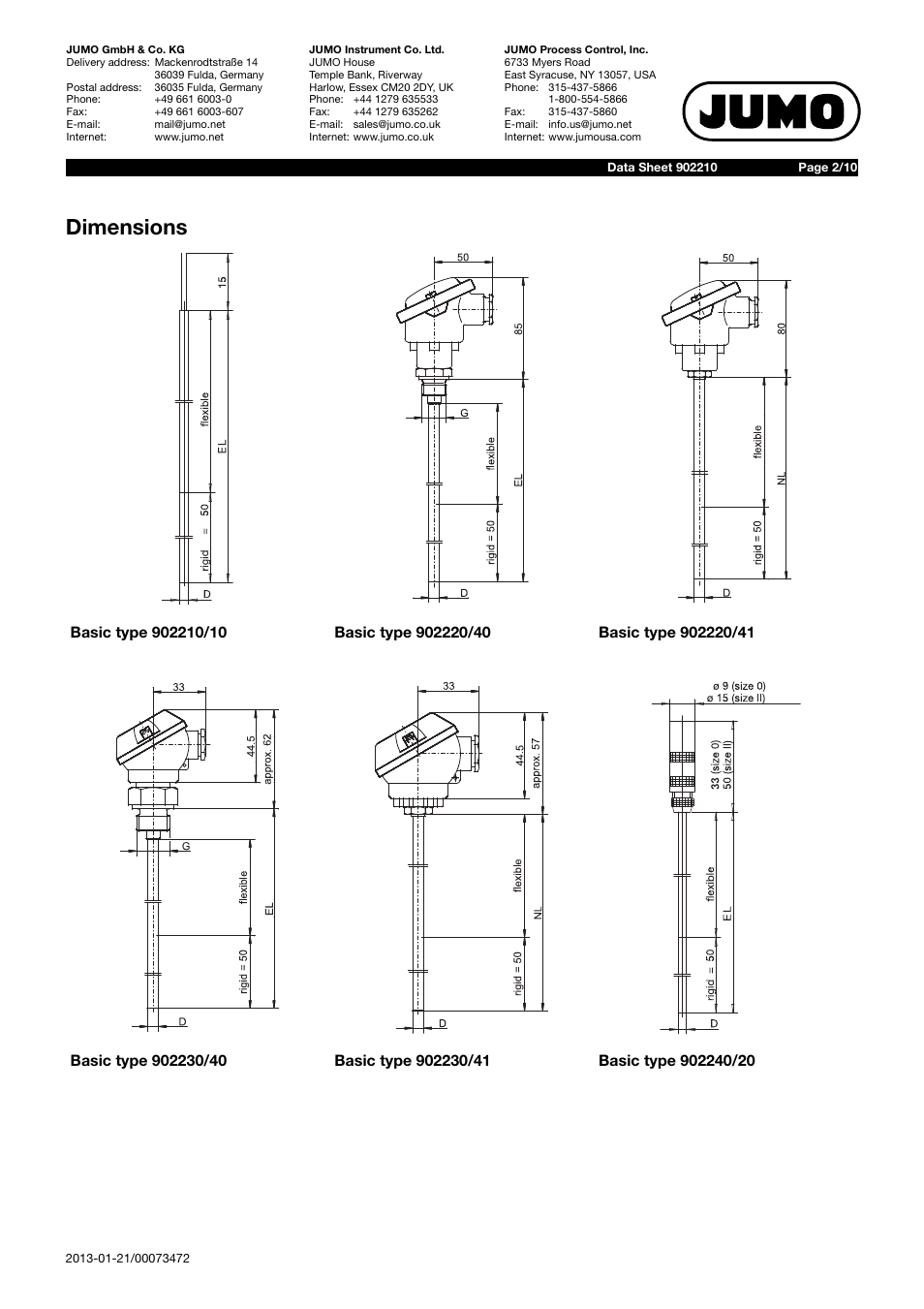 Dimensions | JUMO 902210 Mineral-Insulated RTD Temperature Probes with Bare Connection Wires According to DIN EN 60751 Data Sheet User Manual | Page 2 / 10
