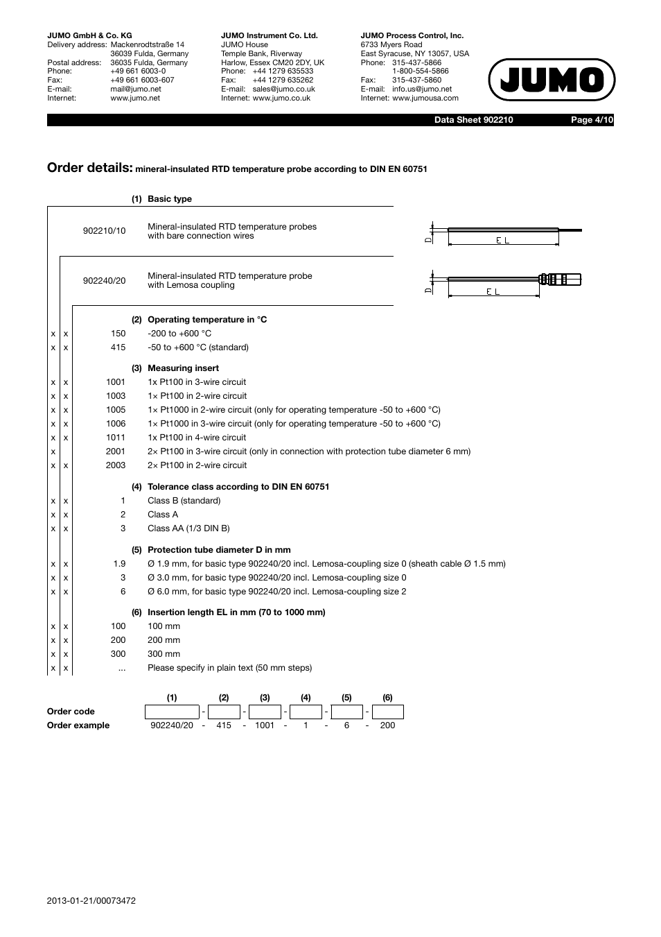Order details | JUMO 902210 Mineral-Insulated RTD Temperature Probes with Bare Connection Wires According to DIN EN 60751 Data Sheet User Manual | Page 4 / 10