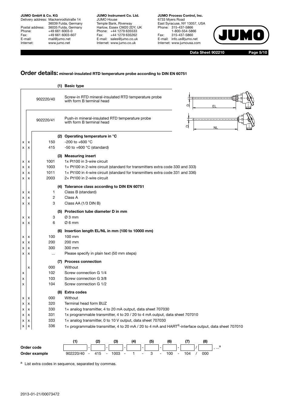Order details | JUMO 902210 Mineral-Insulated RTD Temperature Probes with Bare Connection Wires According to DIN EN 60751 Data Sheet User Manual | Page 5 / 10