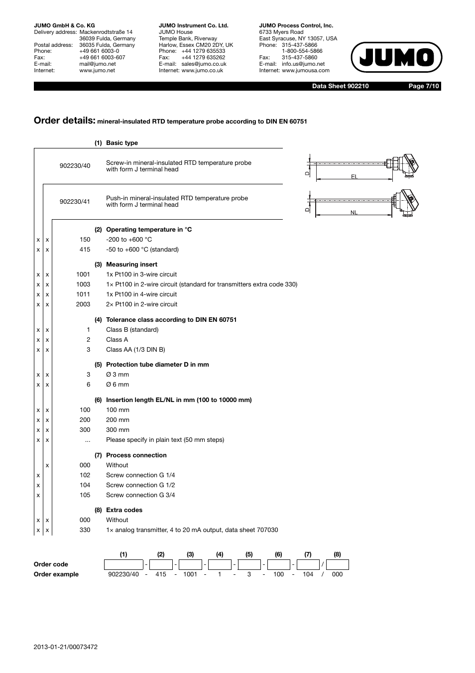 Order details | JUMO 902210 Mineral-Insulated RTD Temperature Probes with Bare Connection Wires According to DIN EN 60751 Data Sheet User Manual | Page 7 / 10