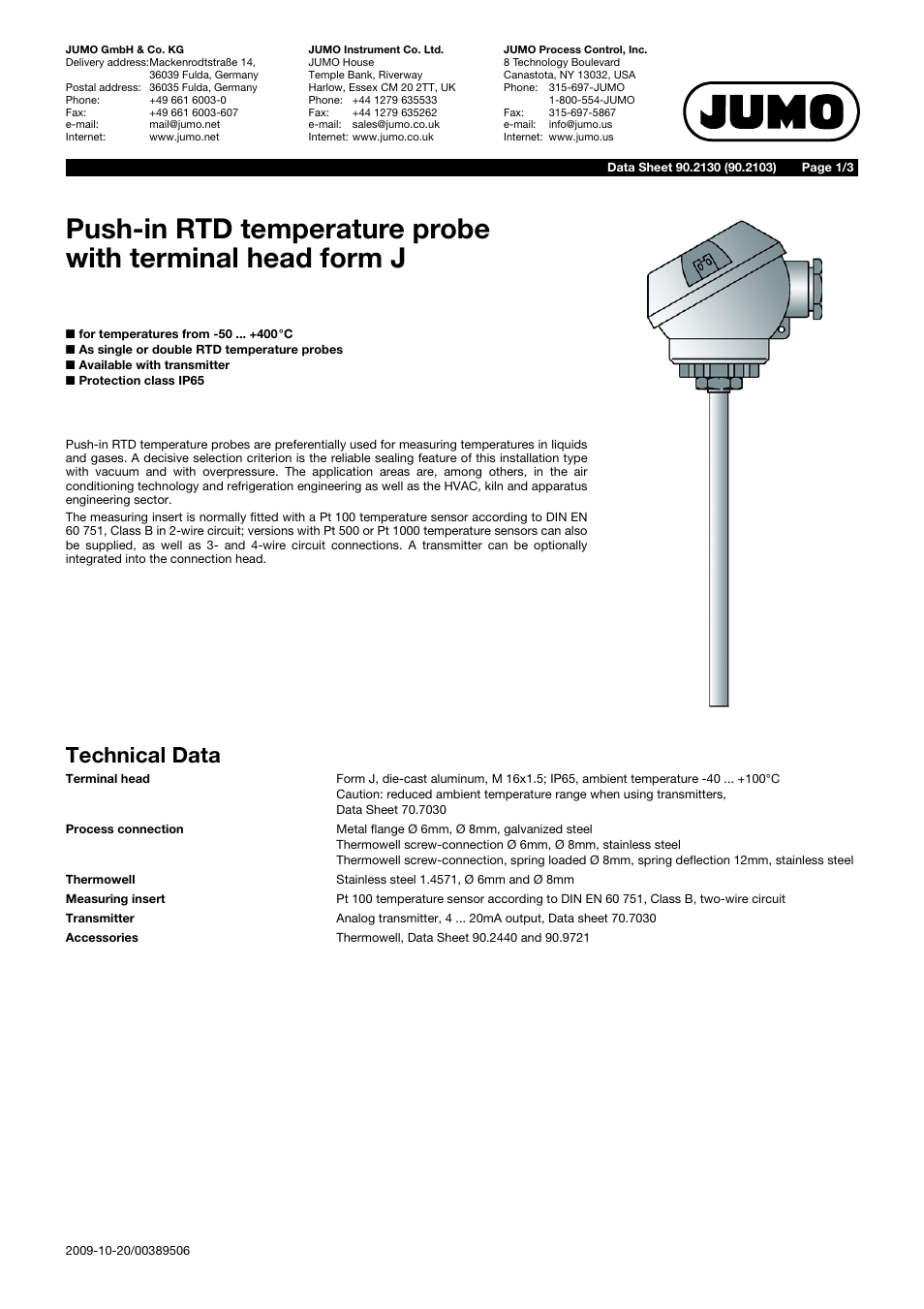 JUMO 902130 Push-In RTD Temperature Probe with Form J Terminal Head Data Sheet User Manual | 3 pages