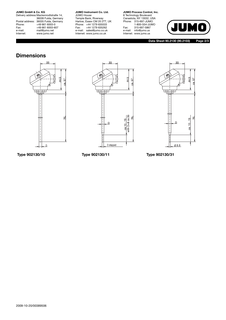 Dimensions | JUMO 902130 Push-In RTD Temperature Probe with Form J Terminal Head Data Sheet User Manual | Page 2 / 3