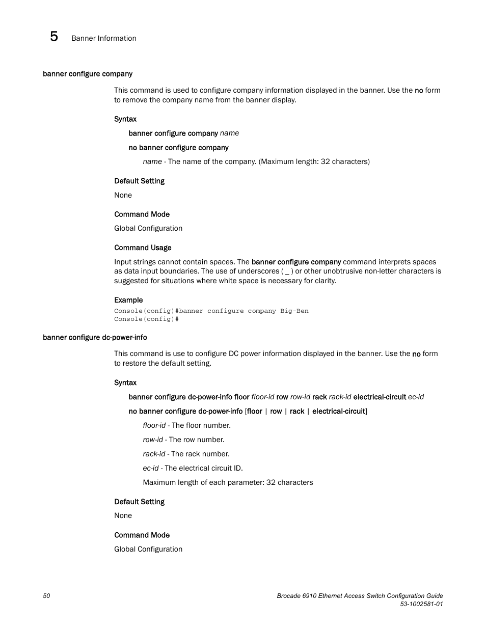 Banner configure company, Banner configure dc-power-info | Brocade Communications Systems Brocate Ethernet Access Switch 6910 User Manual | Page 100 / 1200