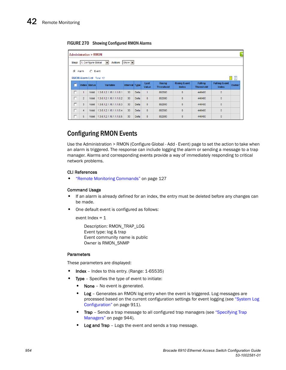 Configuring rmon events, Figure 270 s | Brocade Communications Systems Brocate Ethernet Access Switch 6910 User Manual | Page 1004 / 1200