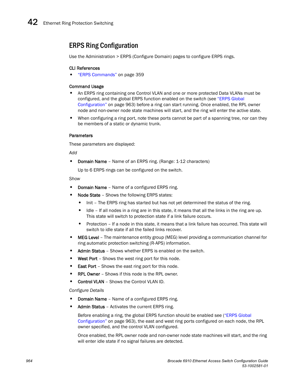 Erps ring configuration, Configure domain – add, Configure domain – configure details | Configure domain – show | Brocade Communications Systems Brocate Ethernet Access Switch 6910 User Manual | Page 1014 / 1200