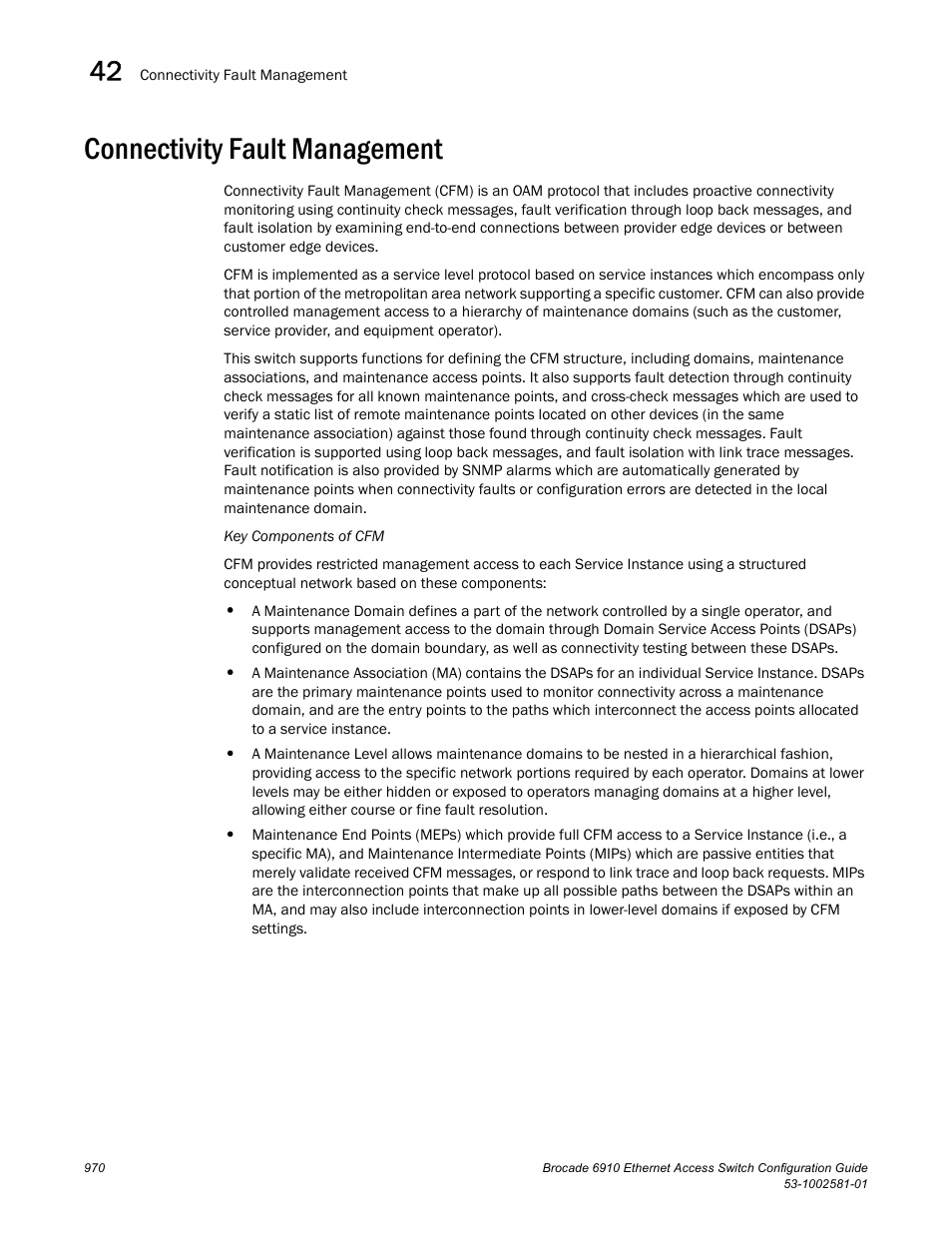 Connectivity fault management, Connectivity fault management (cfm) | Brocade Communications Systems Brocate Ethernet Access Switch 6910 User Manual | Page 1020 / 1200