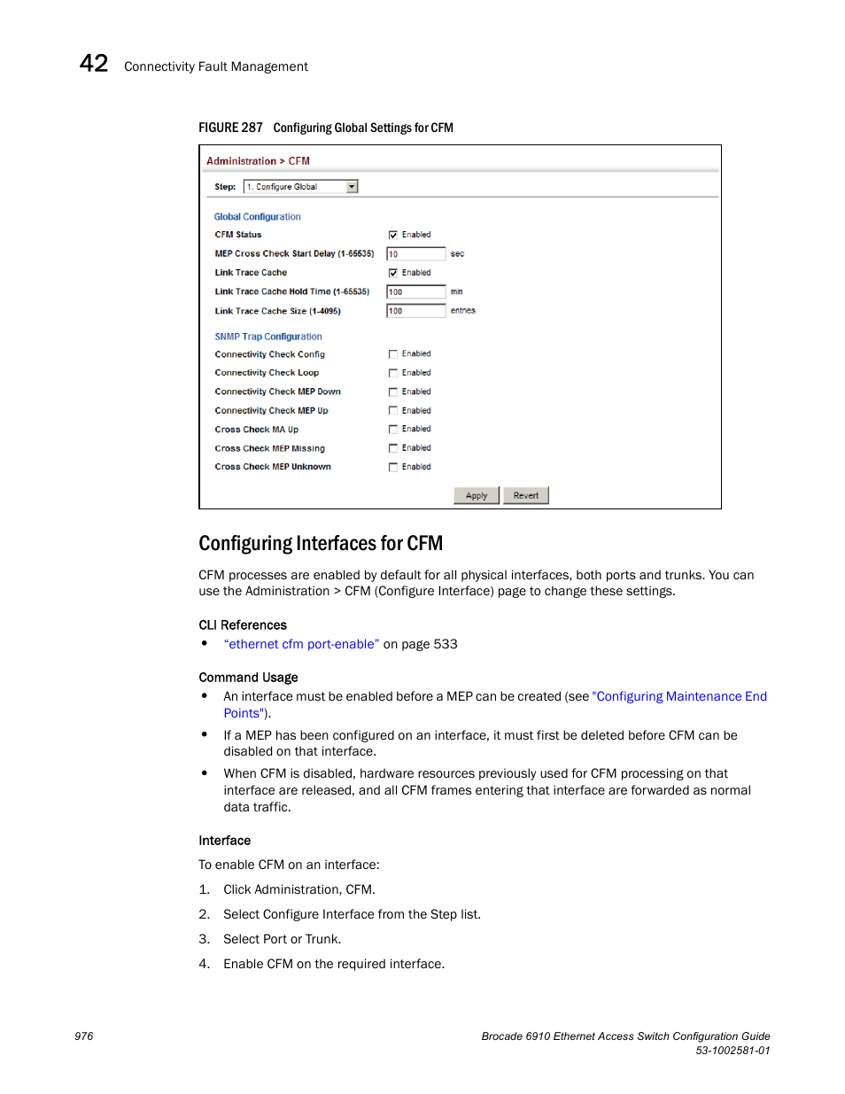 Configuring interfaces for cfm, Figure 287 confi, Configuring | Interfaces for cfm | Brocade Communications Systems Brocate Ethernet Access Switch 6910 User Manual | Page 1026 / 1200