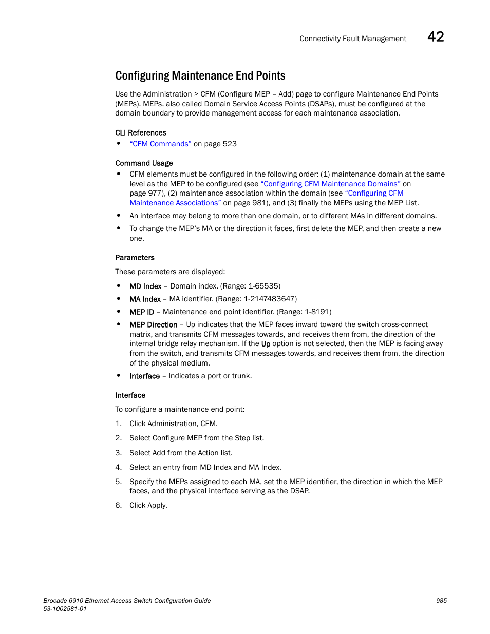 Configuring maintenance end points, Configuring maintenance, End points | Configuring maintenance end, Points | Brocade Communications Systems Brocate Ethernet Access Switch 6910 User Manual | Page 1035 / 1200