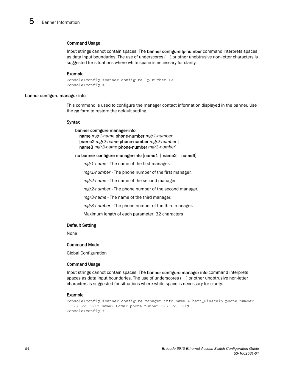Banner configure manager-info | Brocade Communications Systems Brocate Ethernet Access Switch 6910 User Manual | Page 104 / 1200