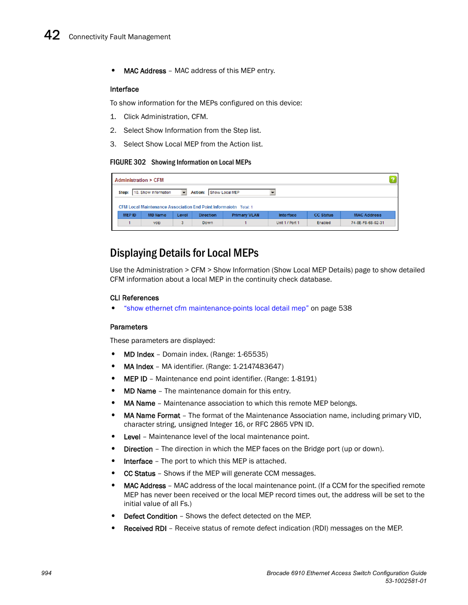 Displaying details for local meps, Figure 302 s | Brocade Communications Systems Brocate Ethernet Access Switch 6910 User Manual | Page 1044 / 1200