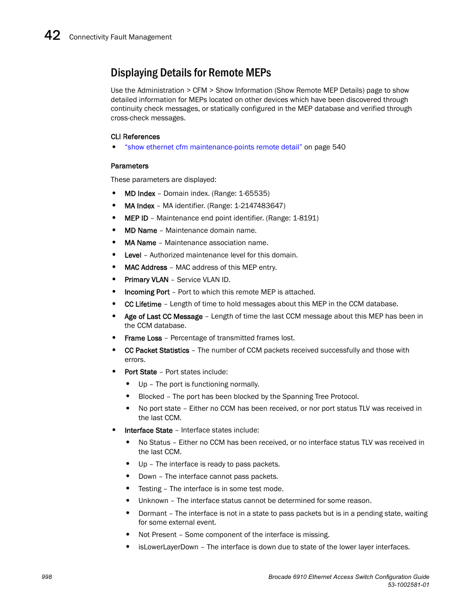 Displaying details for remote meps | Brocade Communications Systems Brocate Ethernet Access Switch 6910 User Manual | Page 1048 / 1200