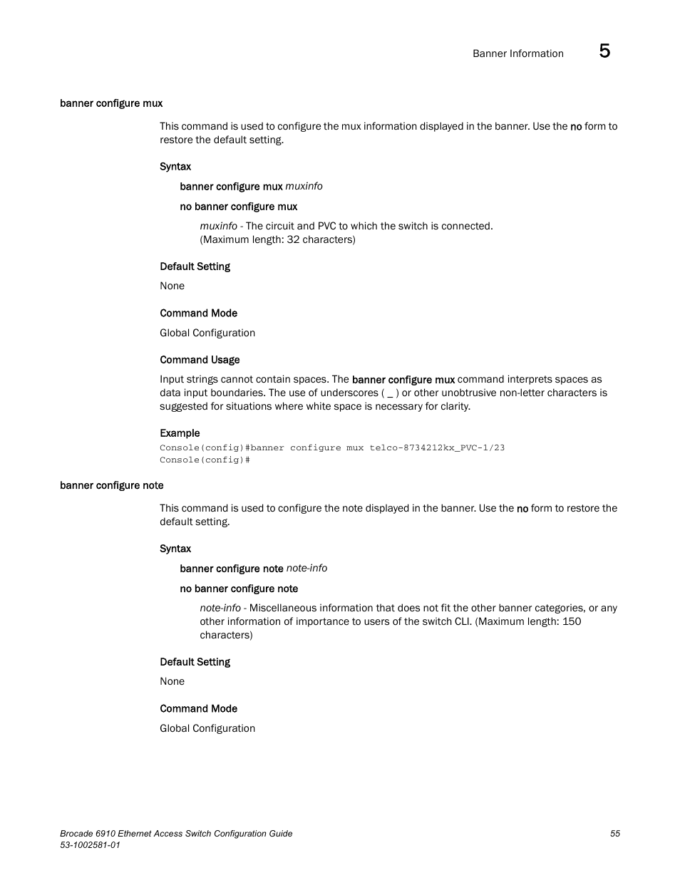 Banner configure mux, Banner configure note, Banner configure mux banner configure note | Brocade Communications Systems Brocate Ethernet Access Switch 6910 User Manual | Page 105 / 1200