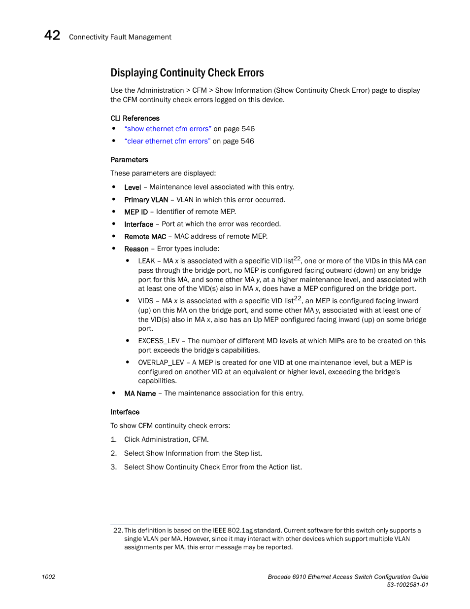 Displaying continuity check errors | Brocade Communications Systems Brocate Ethernet Access Switch 6910 User Manual | Page 1052 / 1200