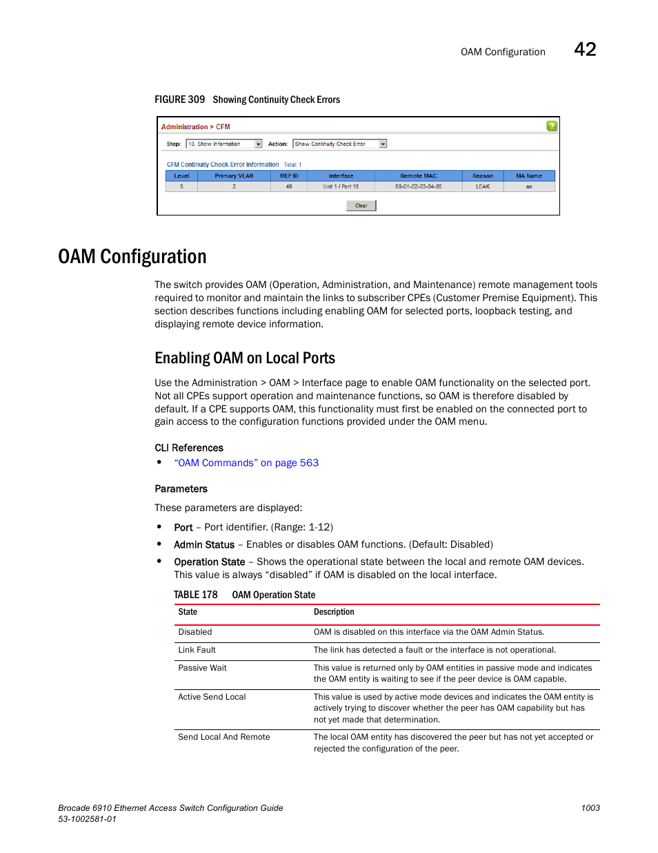 Oam configuration, Enabling oam on local ports, Figure 309 s | Table 178, Operation, administration and maintenance (oam) | Brocade Communications Systems Brocate Ethernet Access Switch 6910 User Manual | Page 1053 / 1200