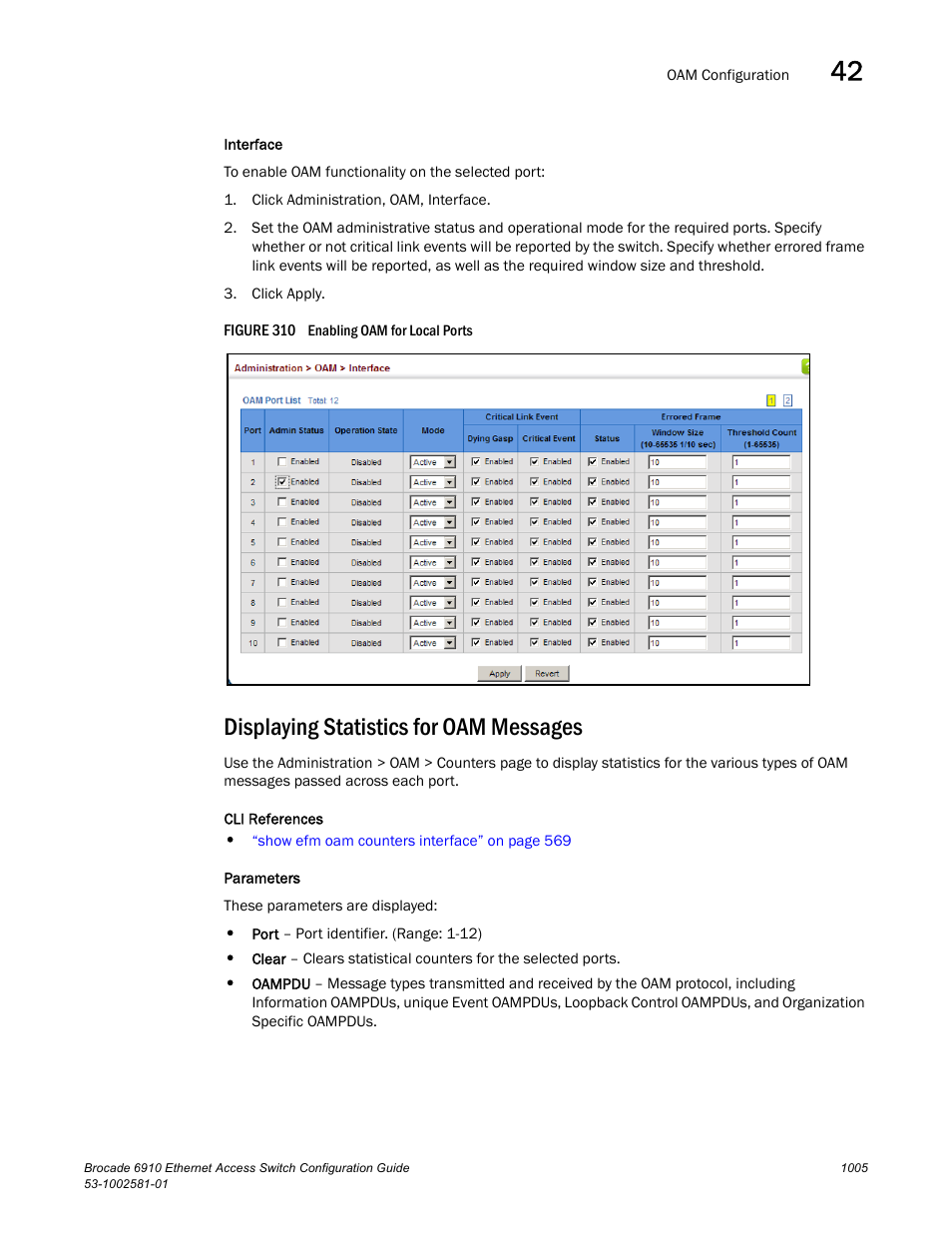 Displaying statistics for oam messages, Figure 310 e | Brocade Communications Systems Brocate Ethernet Access Switch 6910 User Manual | Page 1055 / 1200